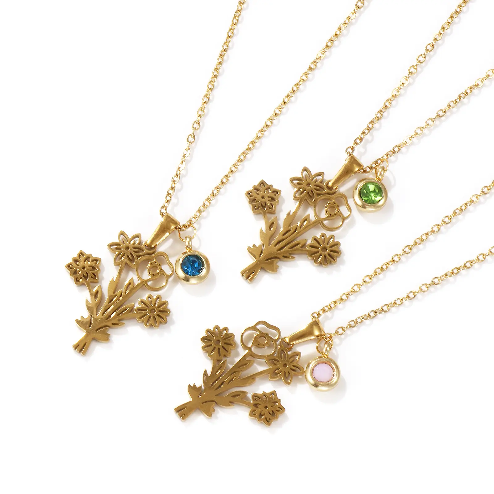 304 Stainless Steel Birthstone Pendant Necklace 18K Gold Plated Link Cable Chain Flower 45cm+ 5cm For Women Dainty Gift