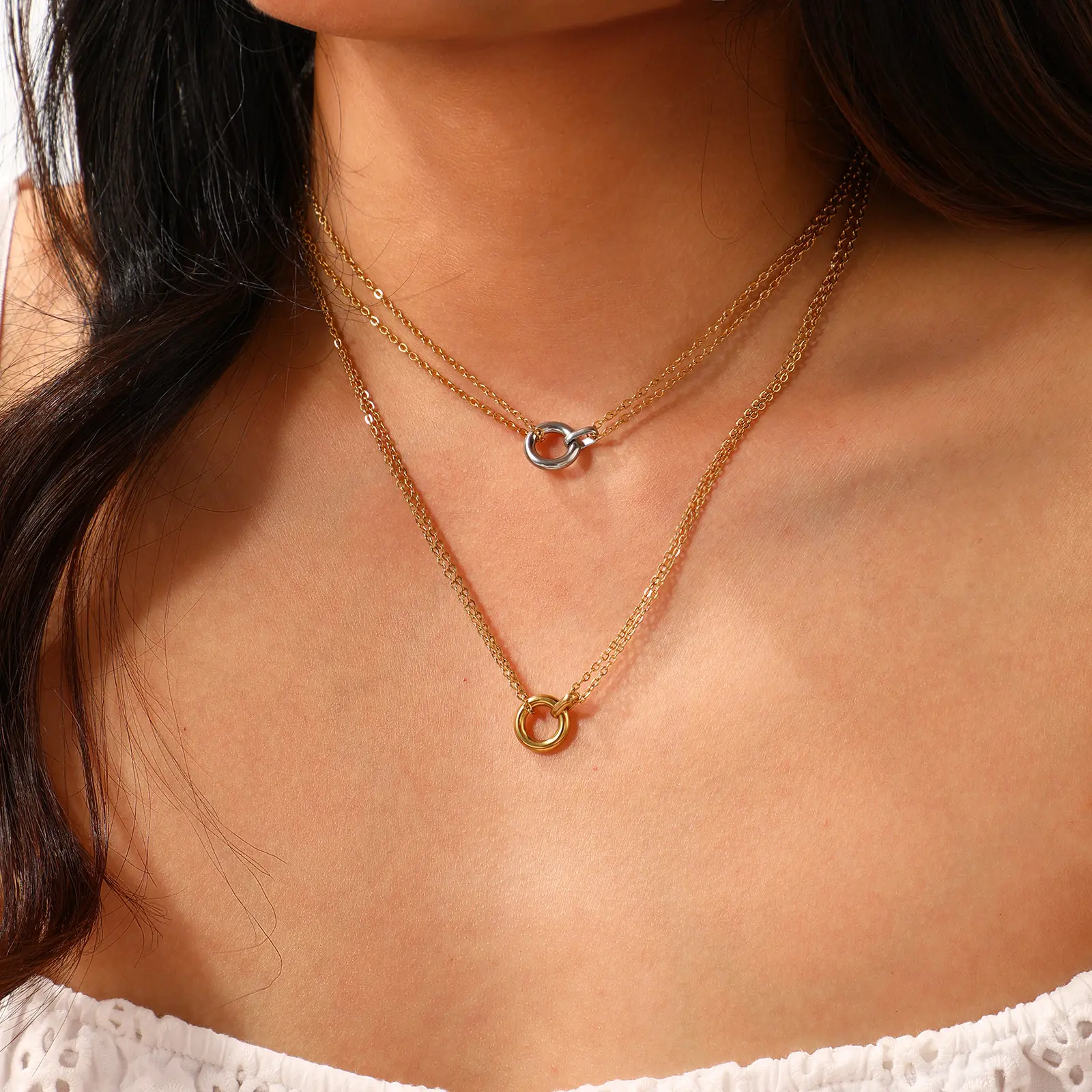 304 Stainless Steel Minimalist Circle Pendant Necklace 18K Real Gold Plated Ring Charm Necklace Jewelry For Women Gift 42cm +8cm