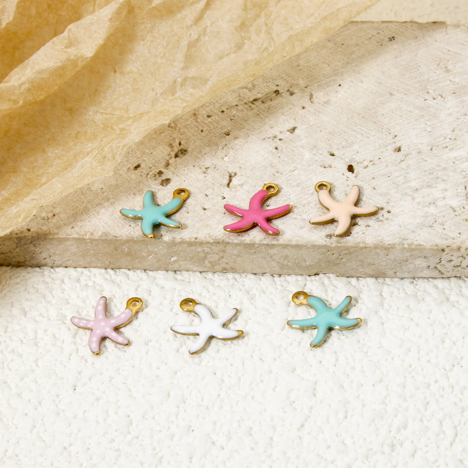 5 PCs 304 Stainless Steel Ocean Jewelry Charms 18K Real Gold Plated Star Fish Double sided Enamel Pendants Finding 10.5mm x 10mm