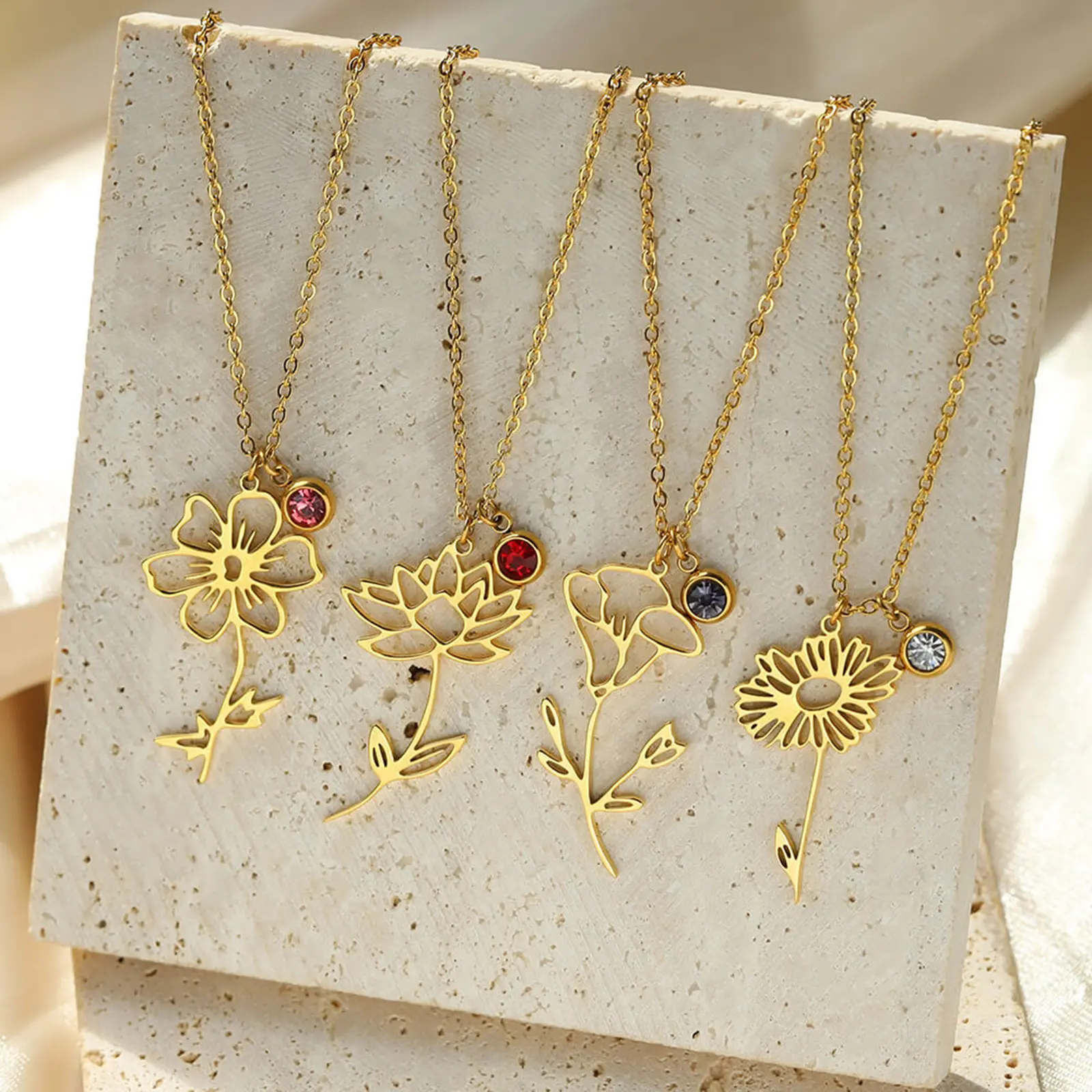 304 Stainless Steel 12 Birth Month Flower Rolo Chain Necklace Gold Color Hollow For Women Simple Gifts 38cm(15") long, 1 Piece
