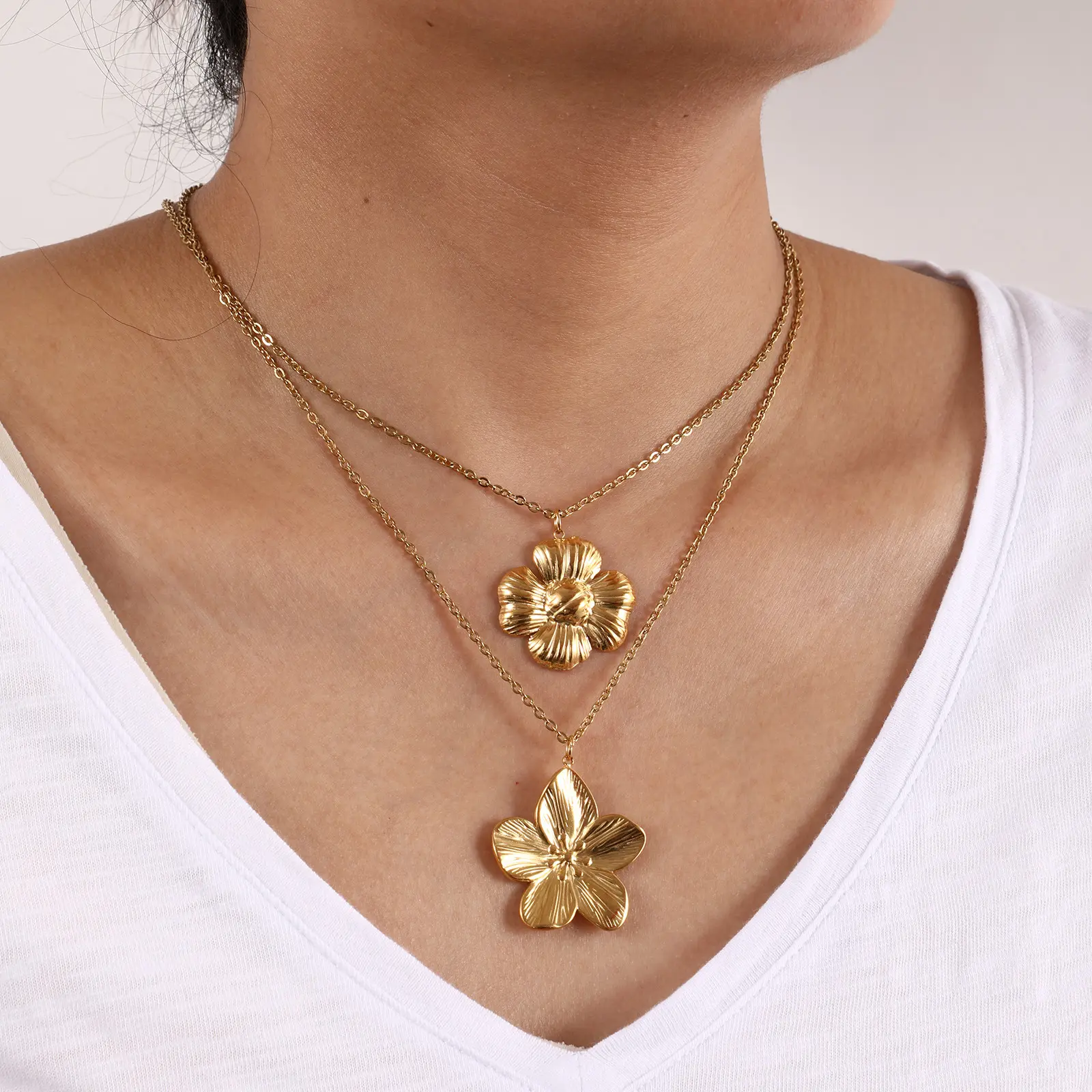 Stylish 18K Real Gold Plated 304 Stainless Steel Link Cable Chain Flower Pendant Charm Necklace For Women Gift 45cm+5cm long