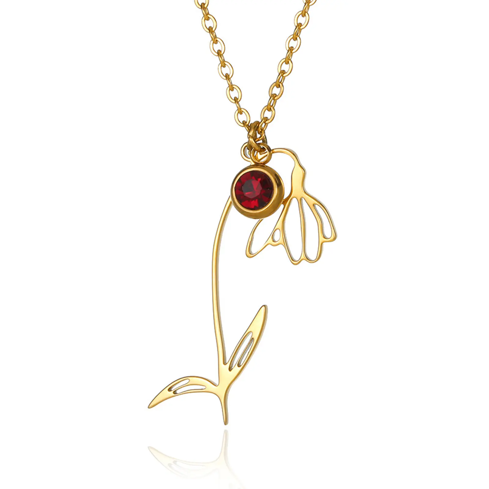304 Stainless Steel 12 Birth Month Flower Rolo Chain Necklace Gold Color Hollow For Women Simple Gifts 38cm(15") long, 1 Piece