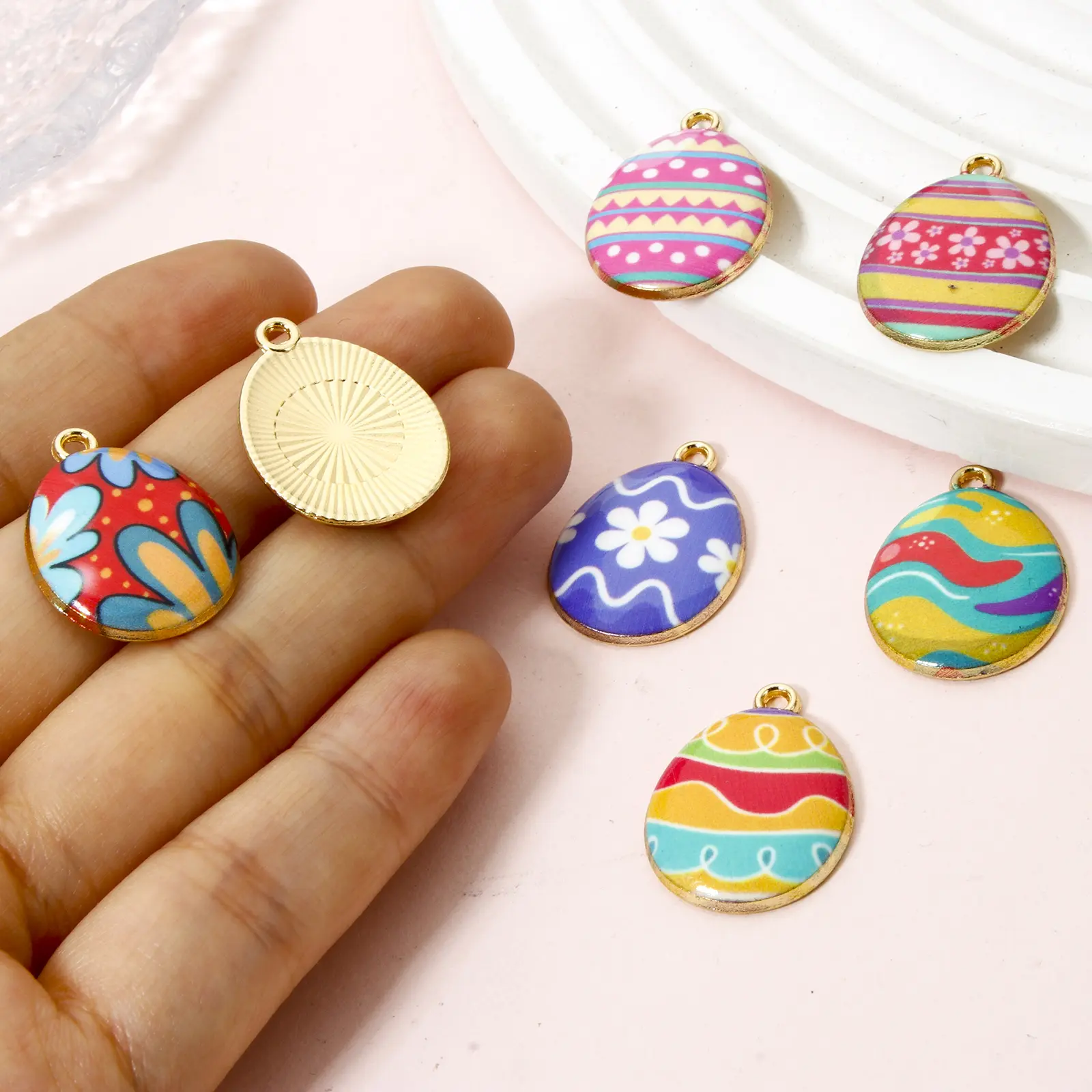 10PCs Zinc Based Alloy Easter Day Egg Series Charms Multicolor Flower Geometric Eggs Pendant For Neckalce DIY 23mm x 17mm