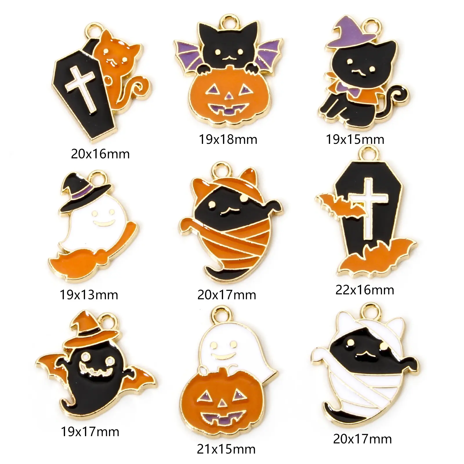 10 Piece Zinc Based Alloy Halloween Charms Gold Plated Halloween Ghost Cat Enamel Pendants For DIY Necklace Jewelry Making