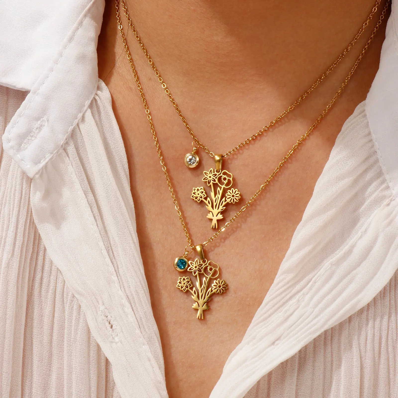 304 Stainless Steel Birthstone Pendant Necklace 18K Gold Plated Link Cable Chain Flower 45cm+ 5cm For Women Dainty Gift