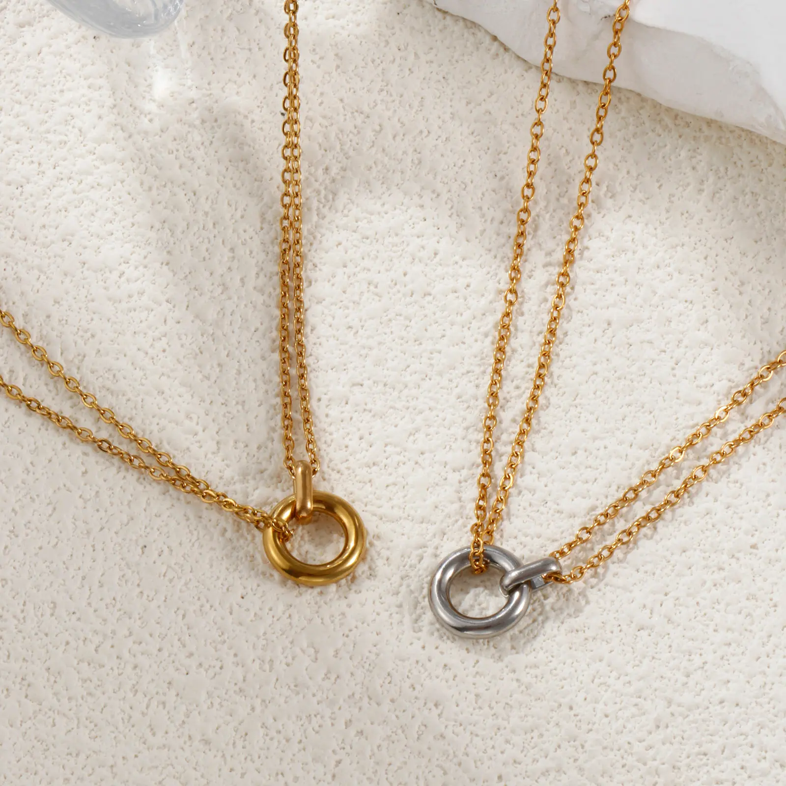 304 Stainless Steel Minimalist Circle Pendant Necklace 18K Real Gold Plated Ring Charm Necklace Jewelry For Women Gift 42cm +8cm