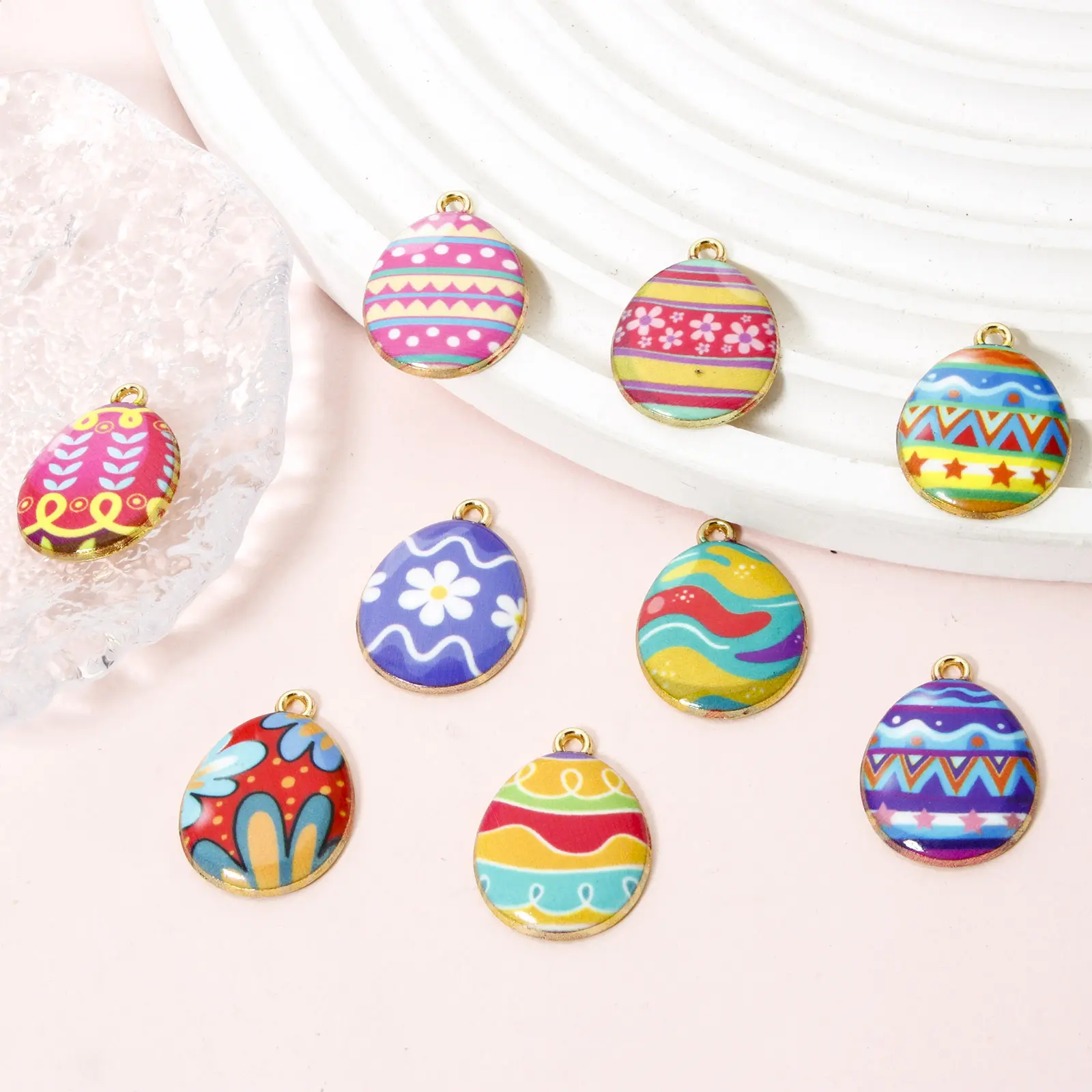 10PCs Zinc Based Alloy Easter Day Egg Series Charms Multicolor Flower Geometric Eggs Pendant For Neckalce DIY 23mm x 17mm