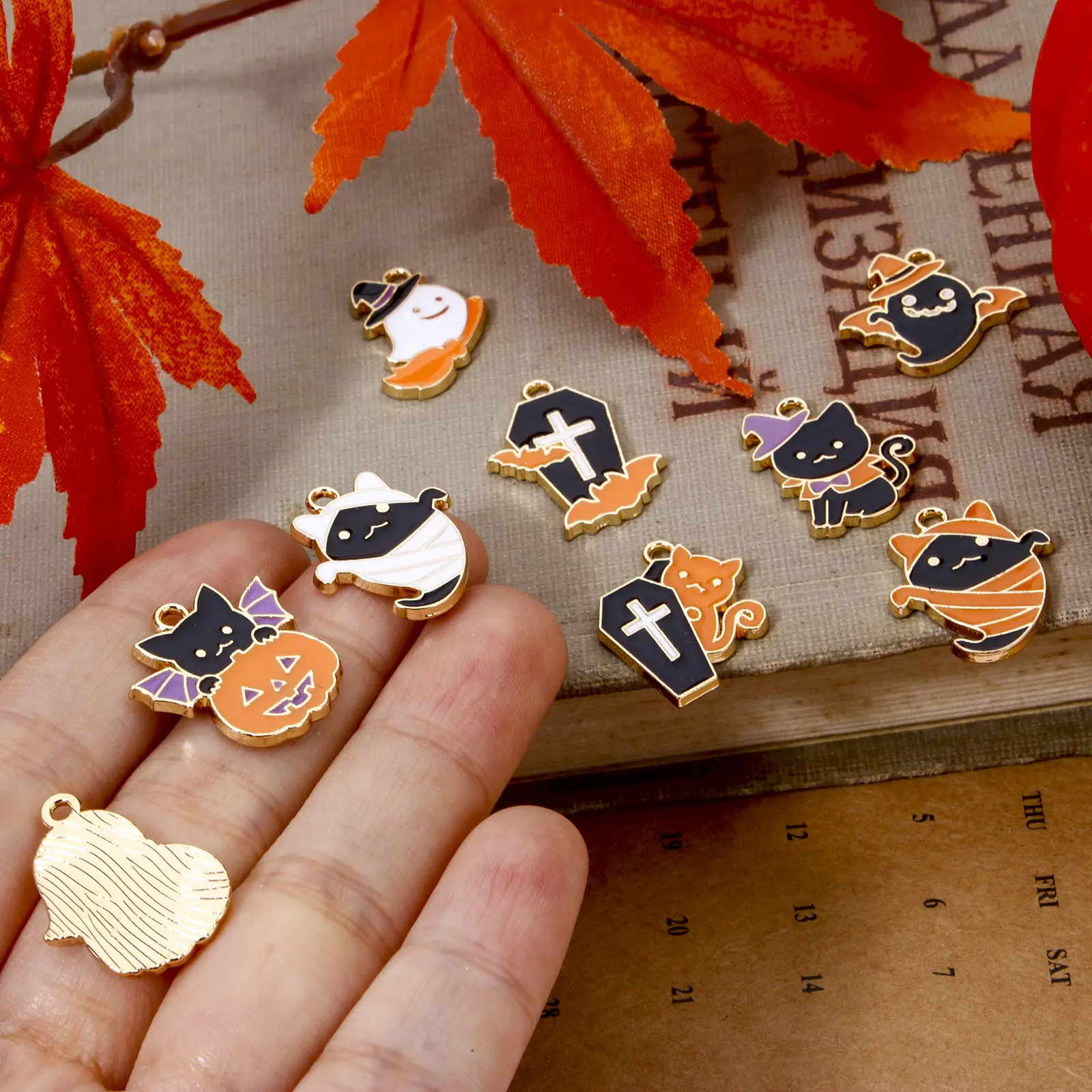 10 Piece Zinc Based Alloy Halloween Charms Gold Plated Halloween Ghost Cat Enamel Pendants For DIY Necklace Jewelry Making