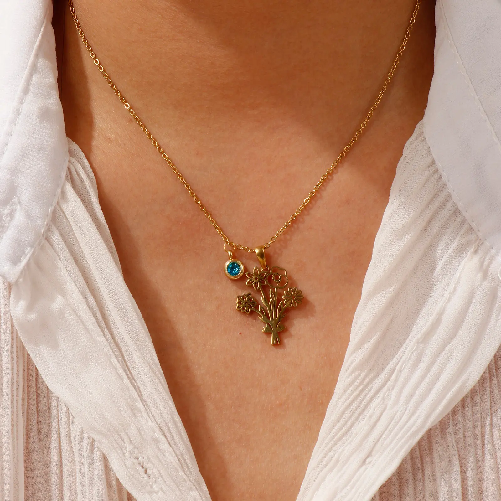304 Stainless Steel Birthstone Pendant Necklace 18K Gold Plated Link Cable Chain Flower 45cm+ 5cm For Women Dainty Gift