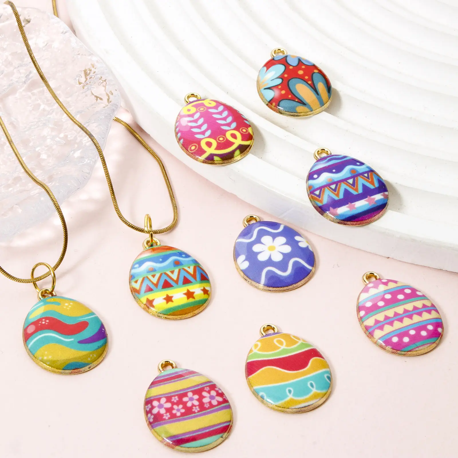 10PCs Zinc Based Alloy Easter Day Egg Series Charms Multicolor Flower Geometric Eggs Pendant For Neckalce DIY 23mm x 17mm