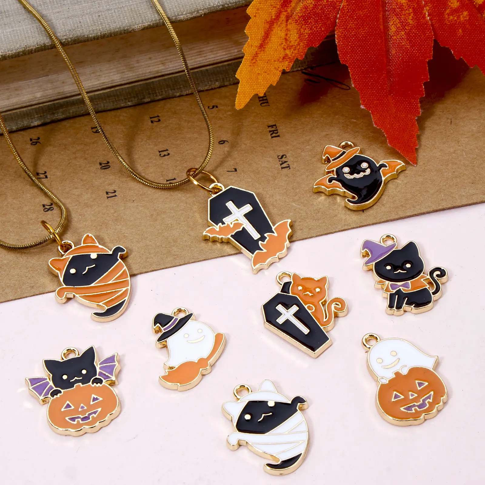10 Piece Zinc Based Alloy Halloween Charms Gold Plated Halloween Ghost Cat Enamel Pendants For DIY Necklace Jewelry Making