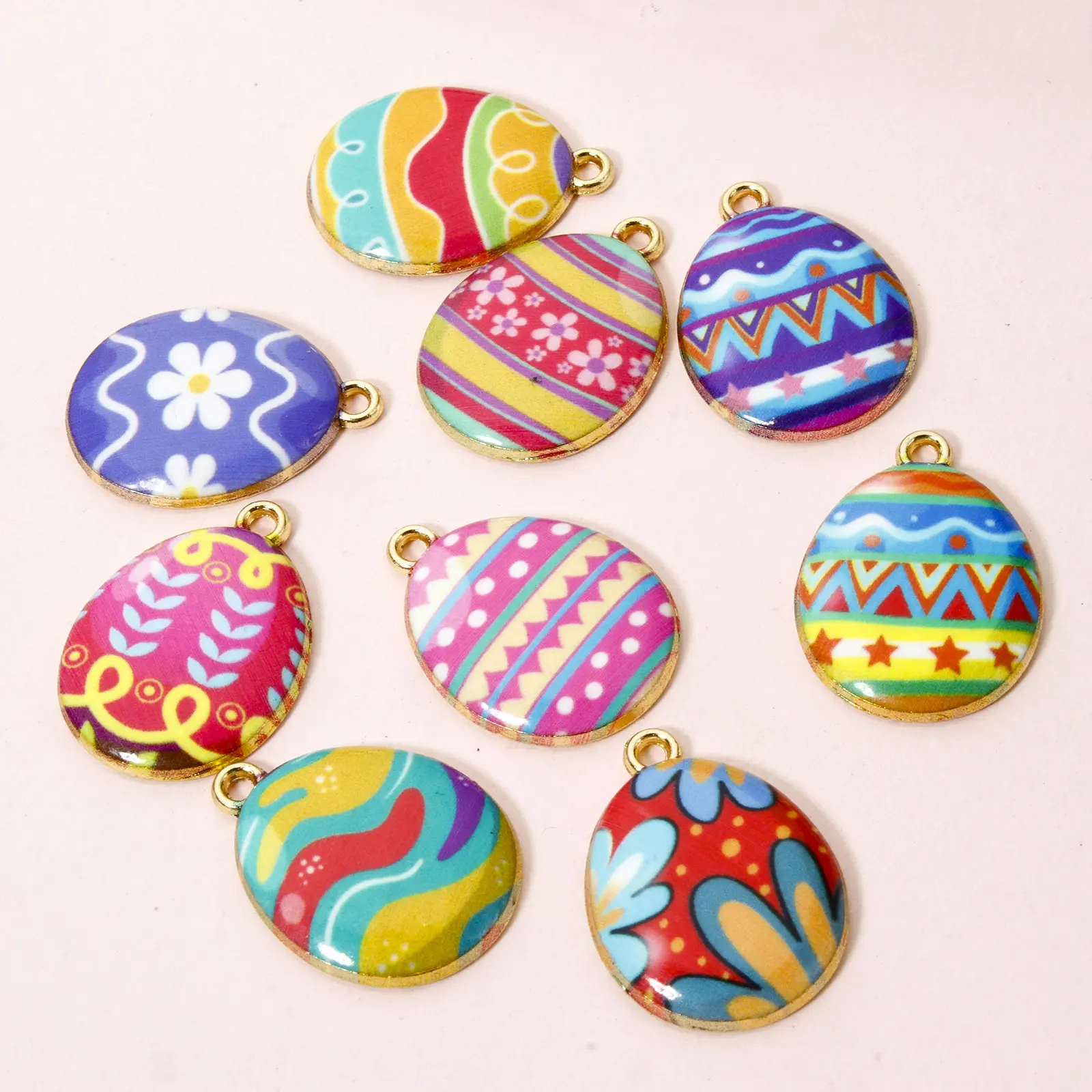 10PCs Zinc Based Alloy Easter Day Egg Series Charms Multicolor Flower Geometric Eggs Pendant For Neckalce DIY 23mm x 17mm