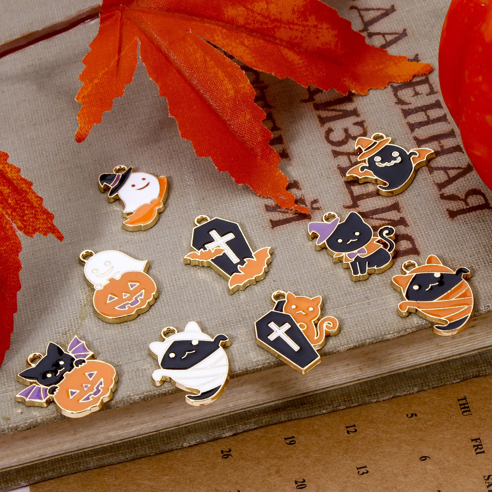 10 Piece Zinc Based Alloy Halloween Charms Gold Plated Halloween Ghost Cat Enamel Pendants For DIY Necklace Jewelry Making