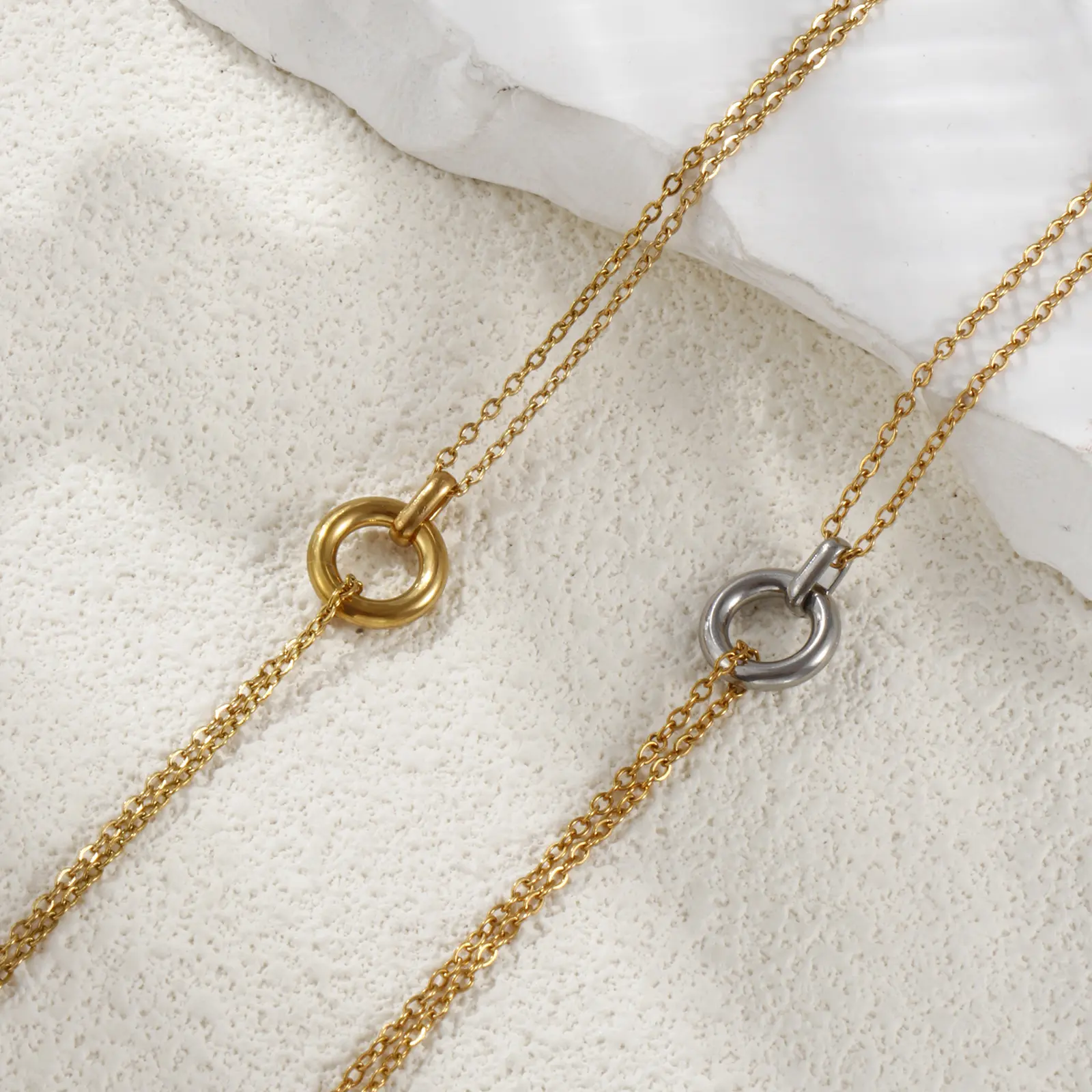 304 Stainless Steel Minimalist Circle Pendant Necklace 18K Real Gold Plated Ring Charm Necklace Jewelry For Women Gift 42cm +8cm