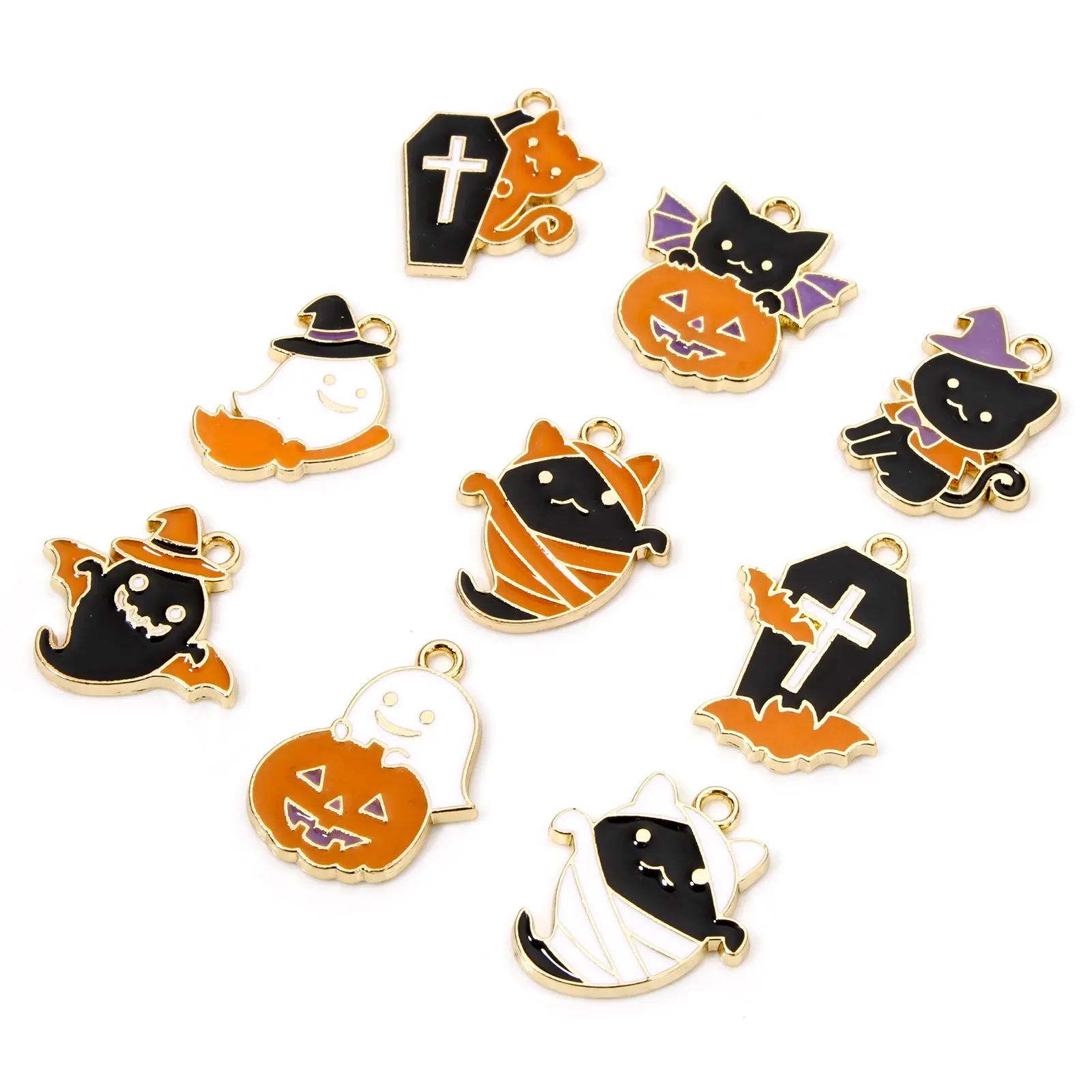 10 Piece Zinc Based Alloy Halloween Charms Gold Plated Halloween Ghost Cat Enamel Pendants For DIY Necklace Jewelry Making