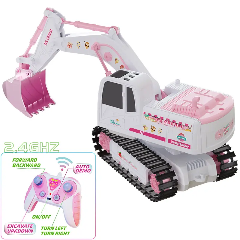 6CH Pink RC Excavator for Girls Remote Control Alloy Engineering Car with LED Light Music Electronic Simulation Cute Vehicle Toy