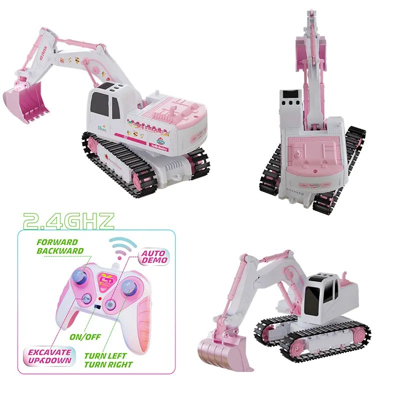 6CH Pink RC Excavator for Girls Remote Control Alloy Engineering Car with LED Light Music Electronic Simulation Cute Vehicle Toy