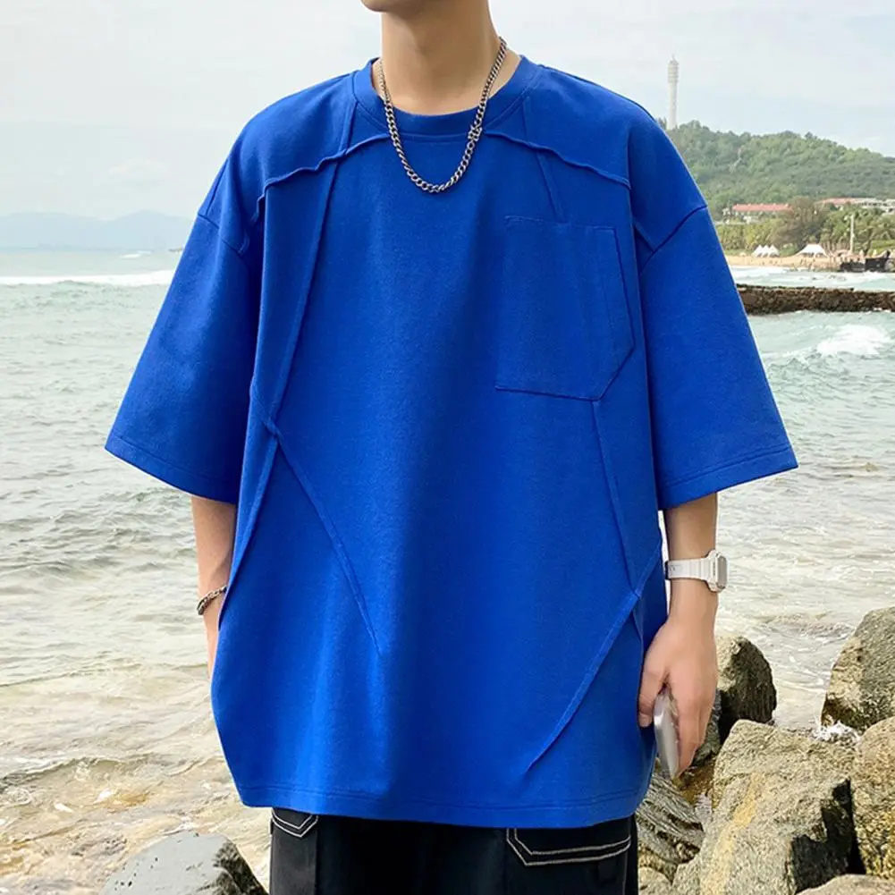 Summer Men Top O Neck Three Quarter Sleeves Chest Pocket Loose Tee Mid Length Pullover Solid Color Hip Hop Daily T-shirt