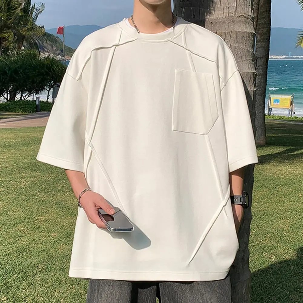Summer Men Top O Neck Three Quarter Sleeves Chest Pocket Loose Tee Mid Length Pullover Solid Color Hip Hop Daily T-shirt