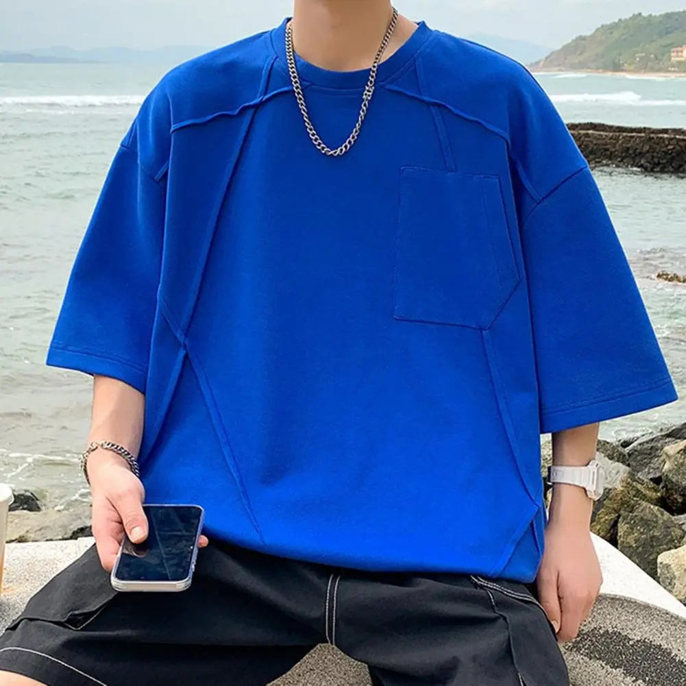 Summer Men Top O Neck Three Quarter Sleeves Chest Pocket Loose Tee Mid Length Pullover Solid Color Hip Hop Daily T-shirt