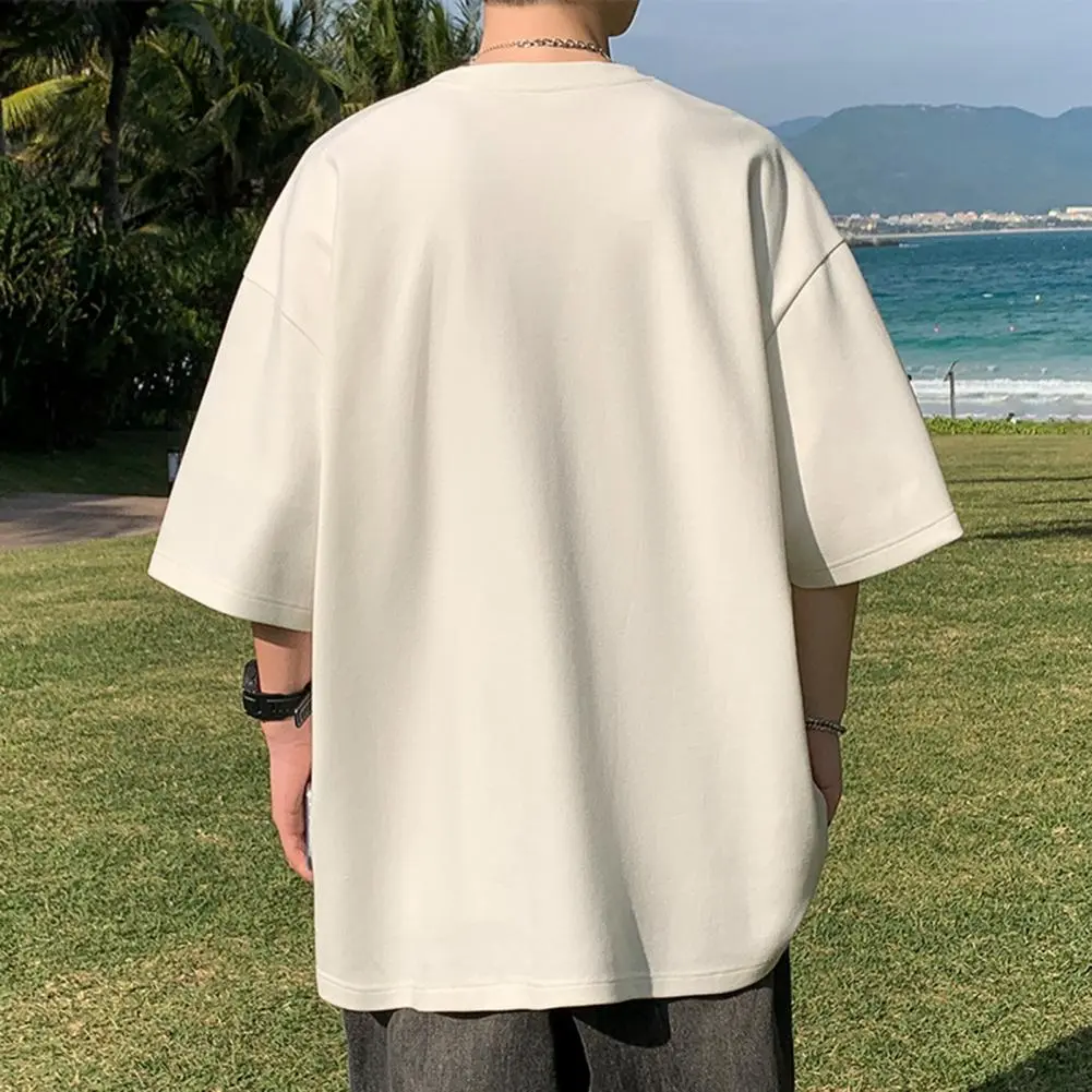 Summer Men Top O Neck Three Quarter Sleeves Chest Pocket Loose Tee Mid Length Pullover Solid Color Hip Hop Daily T-shirt