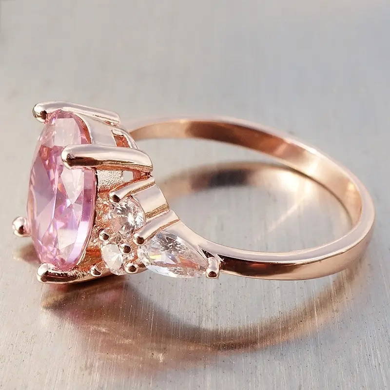 Elegant Pink Crystal Cubic Zircon Women Ring Princess Wedding Punk Band Rose Gold Color Female Finger Ring Engagement Party