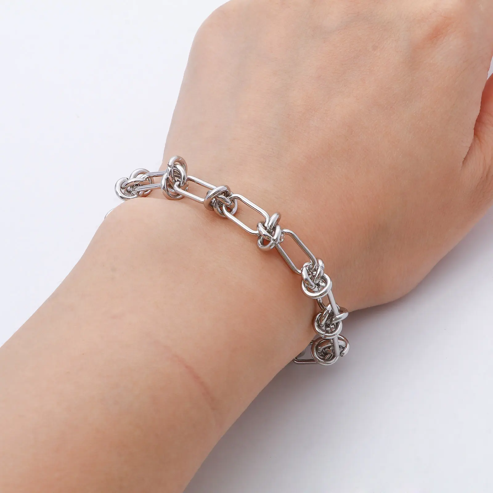 1 Piece 304 Stainless Steel Punk Bracelet  Silver Color Metal Chain For Men Women Fashion Jewelry Gifts 19cm Long