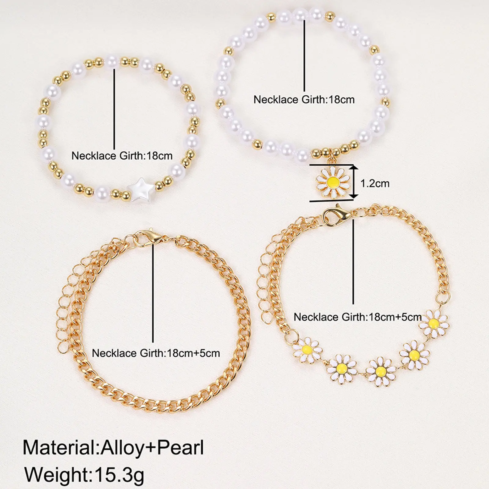 4pcs/Set Fashion Imitation Pearl Beads Daisy Chain Bracelet Set For Women Boho Pendants Cuff Bangle Bracelet Jewelry Accessories