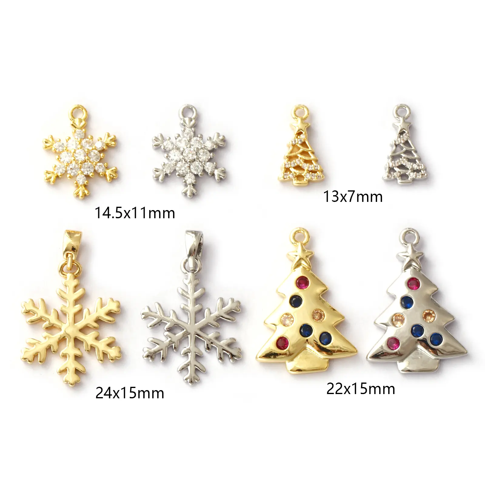 2 Piece Brass & Cubic Zirconia Christmas Charms Snowflake Christmas tree Pendants For DIY Necklace Bracelet Jewerly Making