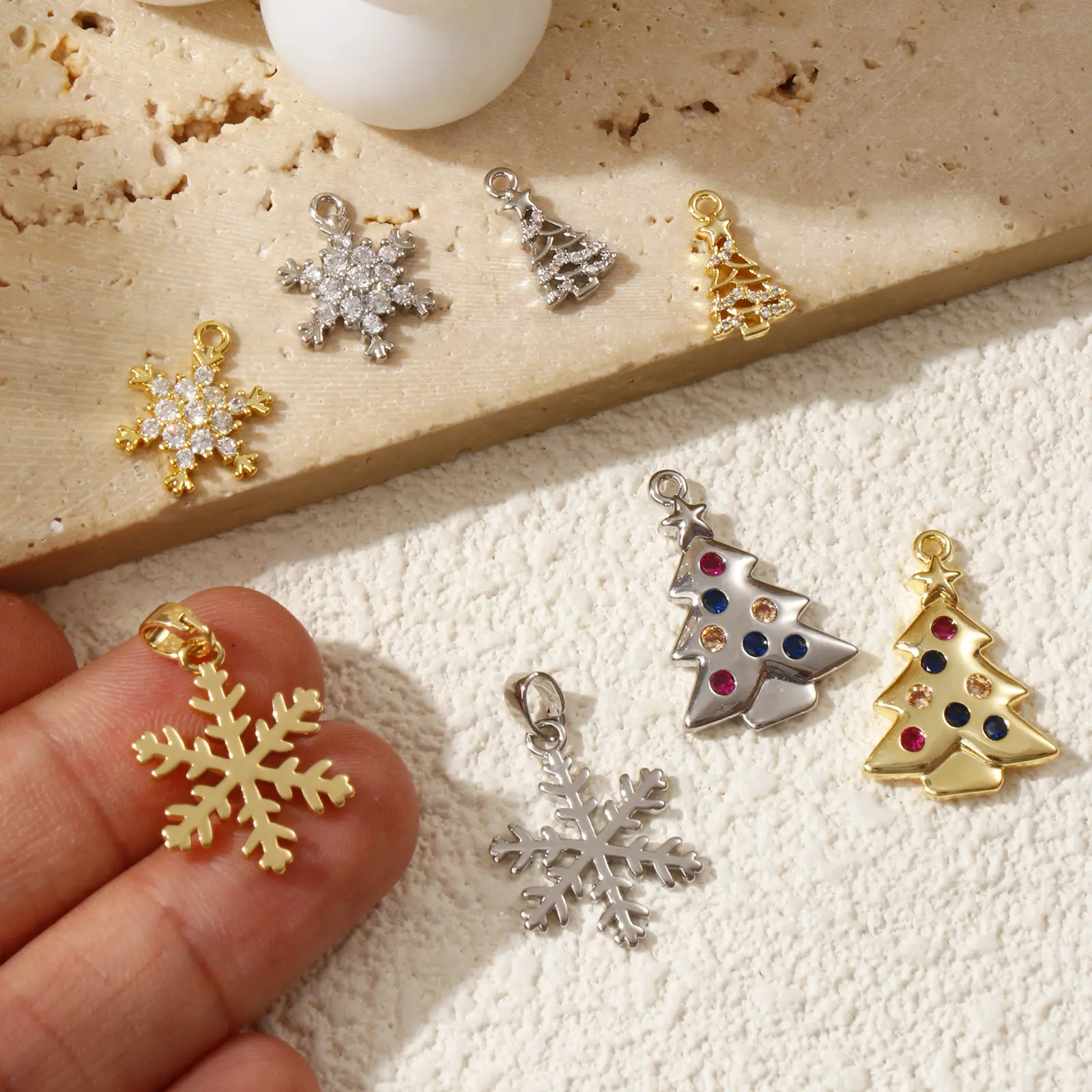 2 Piece Brass & Cubic Zirconia Christmas Charms Snowflake Christmas tree Pendants For DIY Necklace Bracelet Jewerly Making