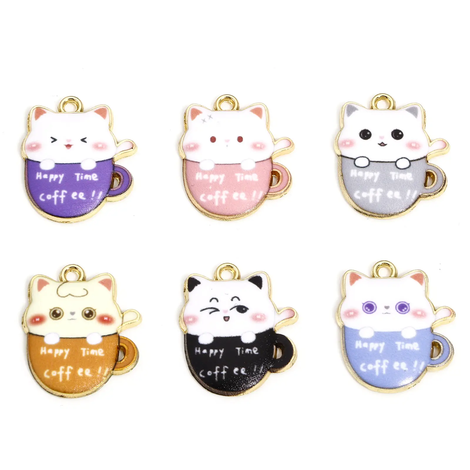 10 Piece Zinc Based Alloy Cute Cup Cat Enamel Charms Gold Color Pendants For DIY Bracelets Necklace Jewelry Making 23mm x 19mm