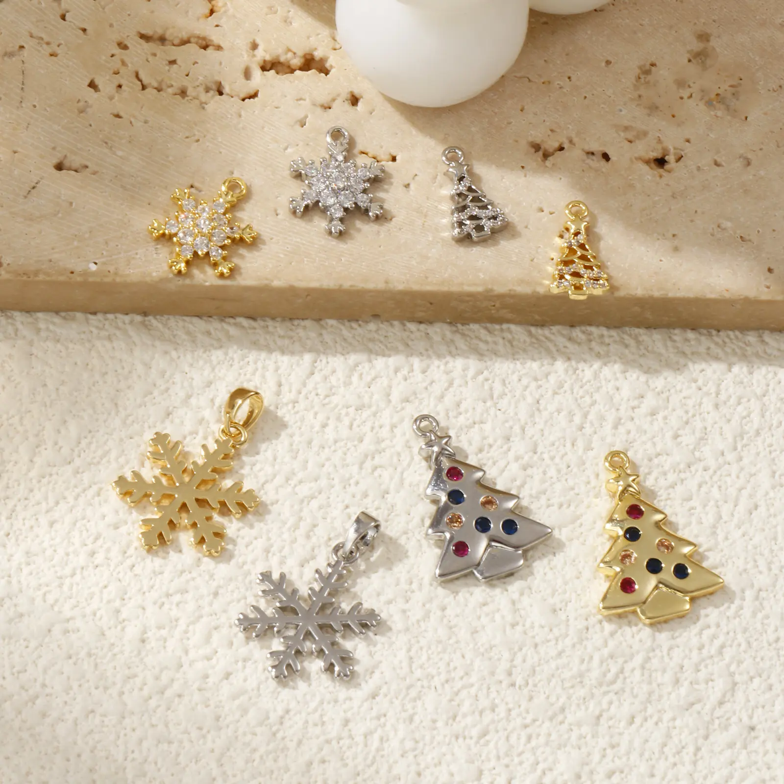 2 Piece Brass & Cubic Zirconia Christmas Charms Snowflake Christmas tree Pendants For DIY Necklace Bracelet Jewerly Making