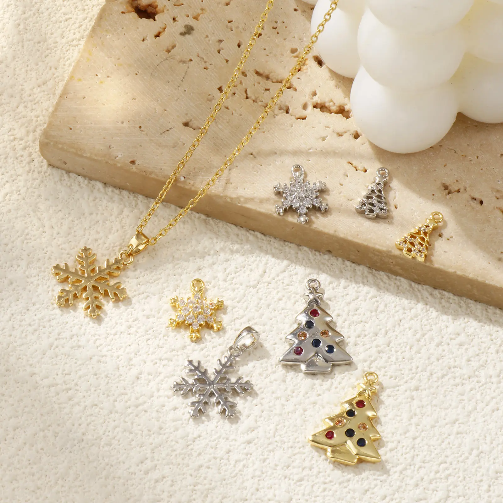 2 Piece Brass & Cubic Zirconia Christmas Charms Snowflake Christmas tree Pendants For DIY Necklace Bracelet Jewerly Making