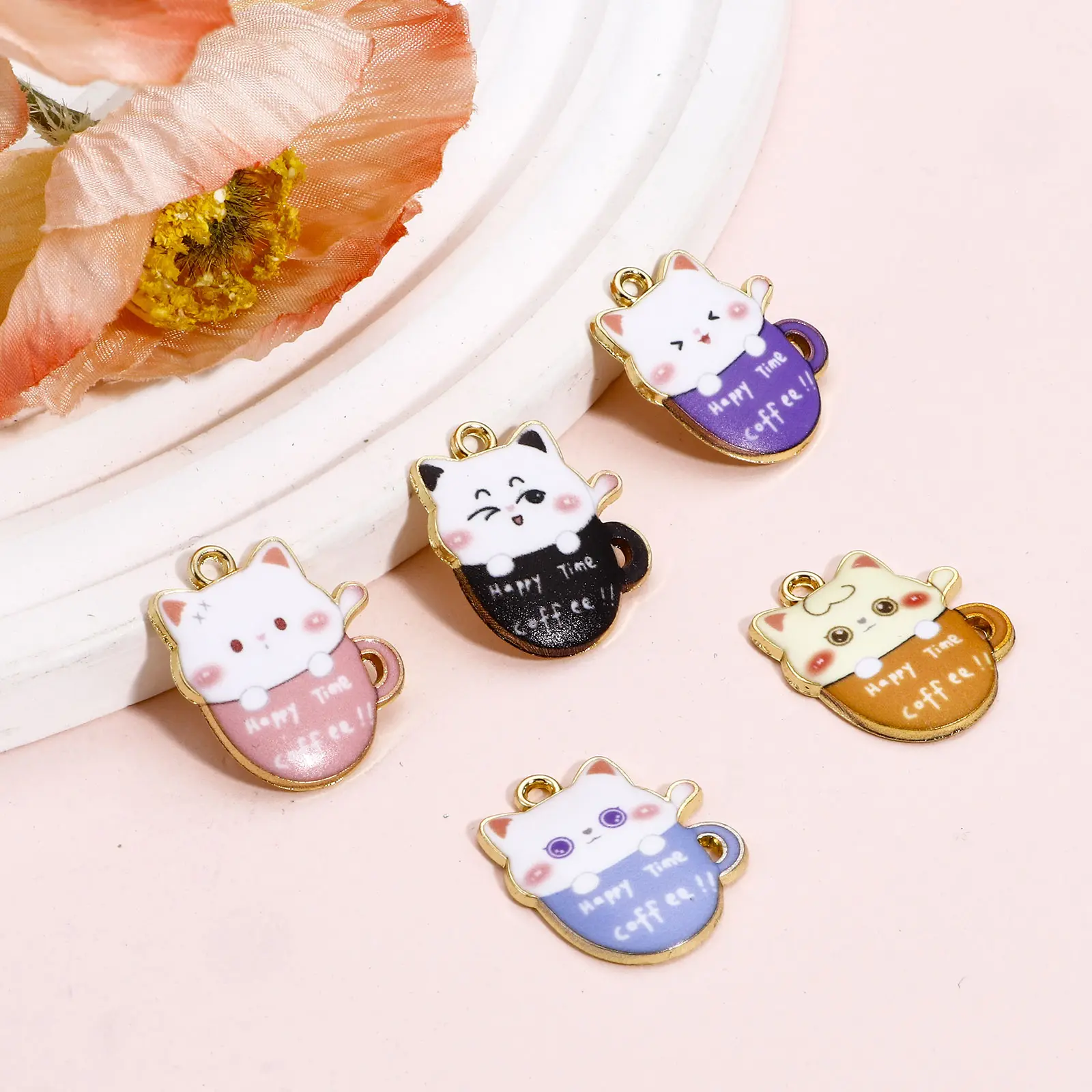 10 PCs Zinc Based Alloy Charms Gold Color Cute Cup Cat Enamel Pendants For DIY Bracelets Necklace Jewelry Making 23mm x 19mm