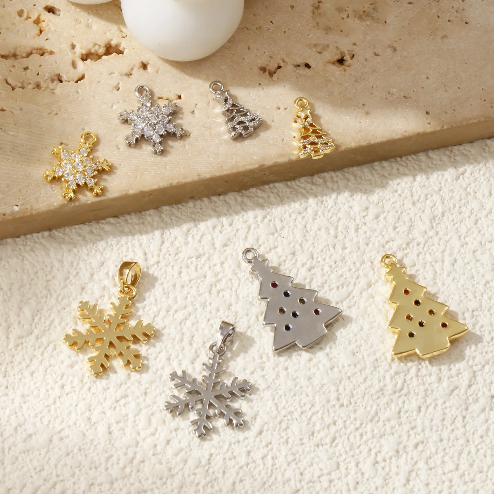 2 Piece Brass & Cubic Zirconia Christmas Charms Snowflake Christmas tree Pendants For DIY Necklace Bracelet Jewerly Making