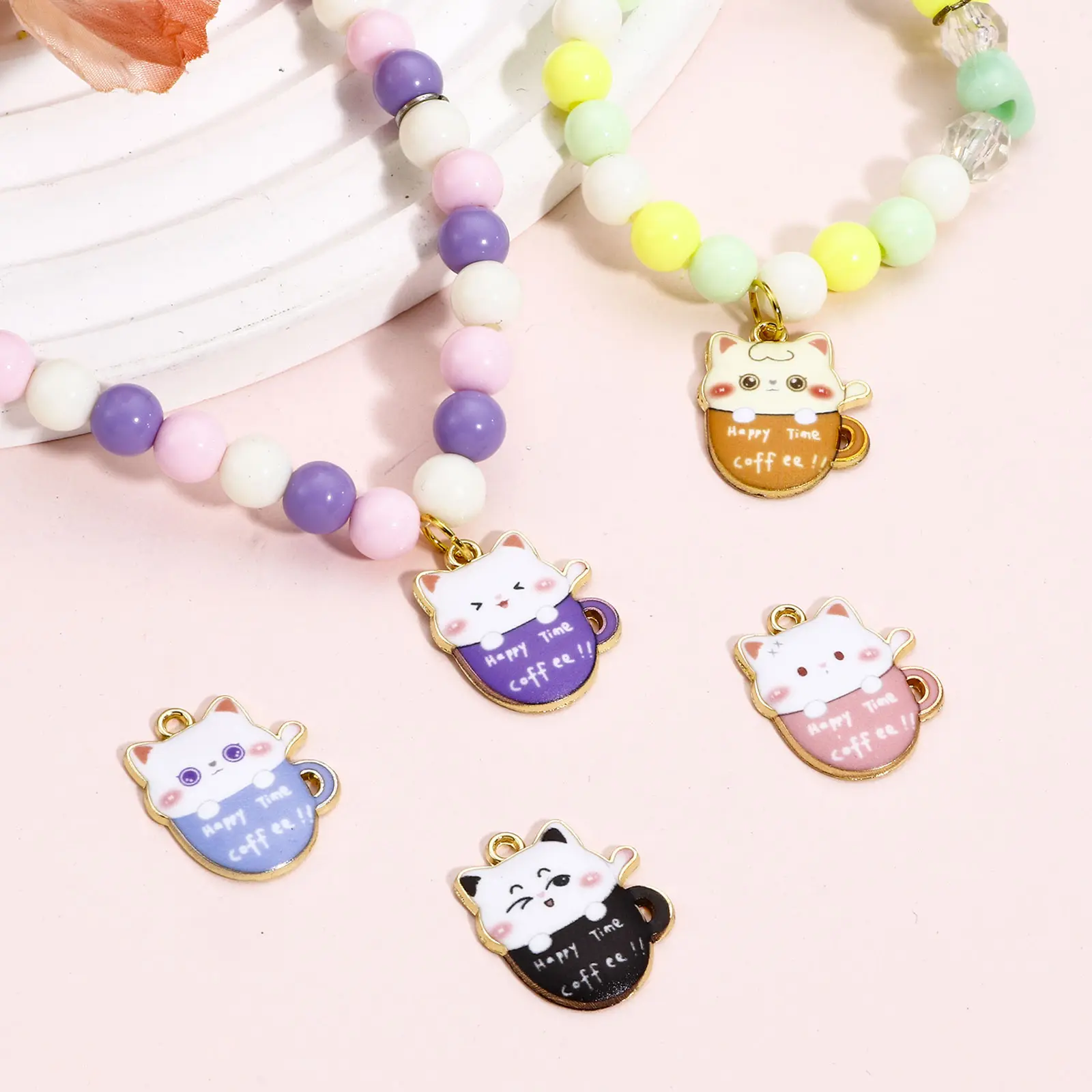 10 PCs Zinc Based Alloy Charms Gold Color Cute Cup Cat Enamel Pendants For DIY Bracelets Necklace Jewelry Making 23mm x 19mm