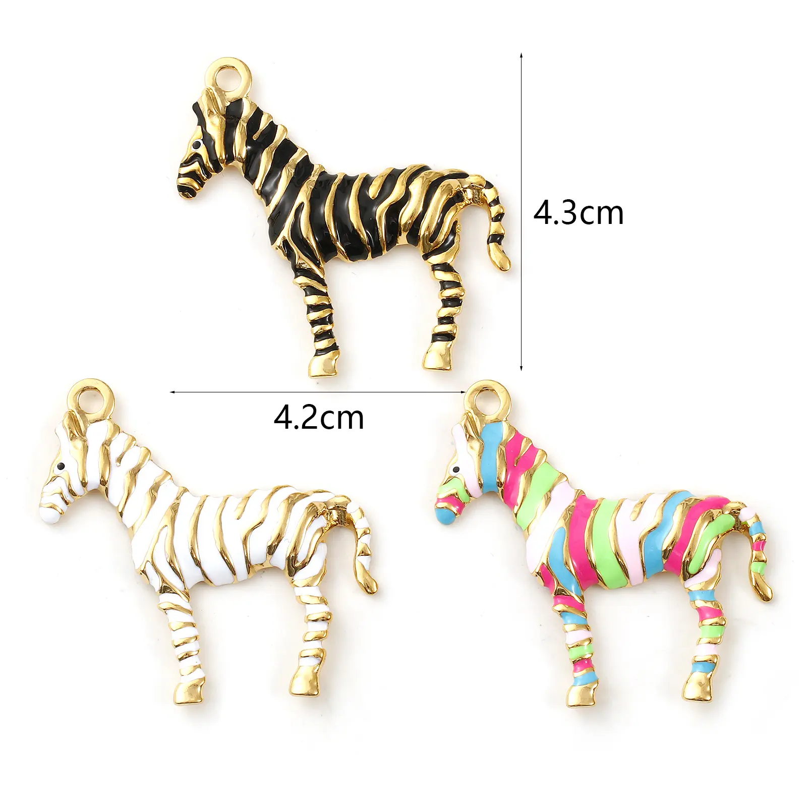 304 Stainless Steel Pendants 18K Gold Plated Enamel Horse Animal Stripe Charms For DIY Necklace Jewelry 4.3cm x 4.2cm, 1 Piece