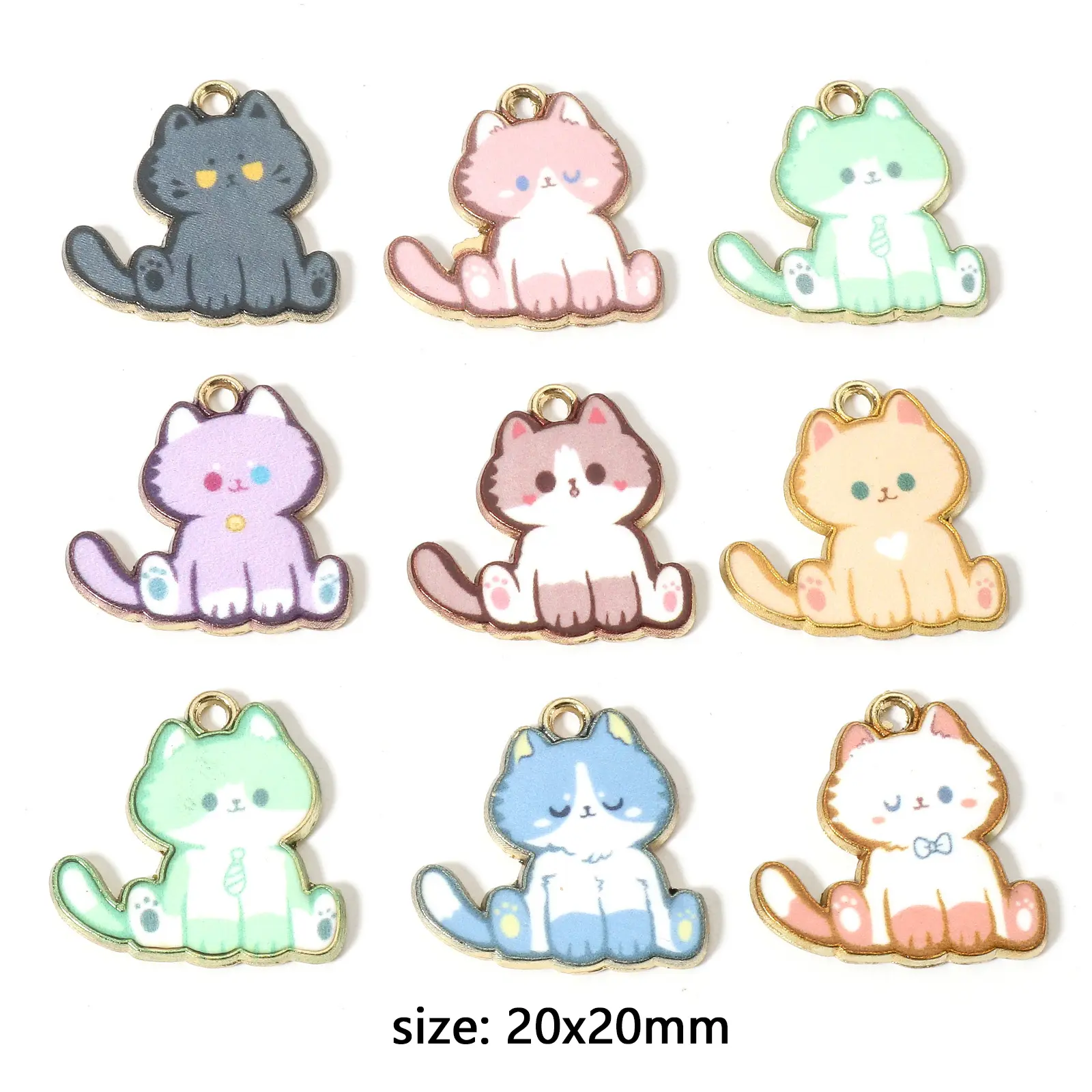 Cute Cartoon Cat Zinc Based Alloy Charms Cat Animal Enamel Gold Color Metal Pendants For DIY Making Jewelry 20mm x 20mm, 10 PCs