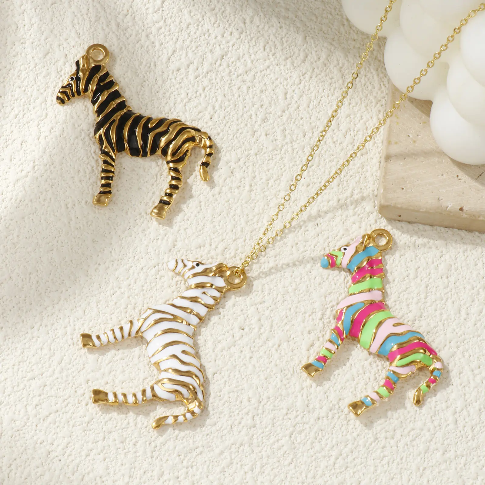 304 Stainless Steel Pendants 18K Gold Plated Enamel Horse Animal Stripe Charms For DIY Necklace Jewelry 4.3cm x 4.2cm, 1 Piece