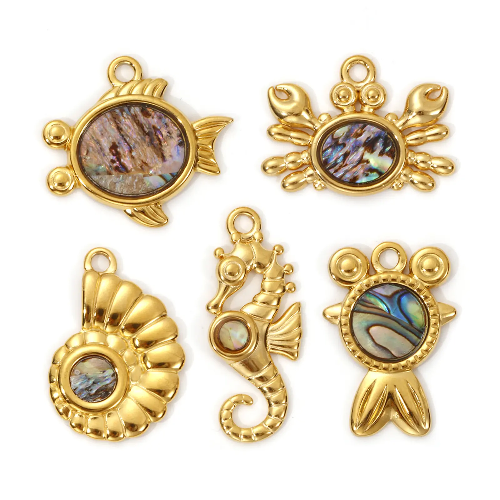2 Pcs Ocean Jewelry Charms 304 Stainless Steel & Natural Shell 18k Real Gold Plated Conch Crab Seahorse Goldfish Pendant DIY