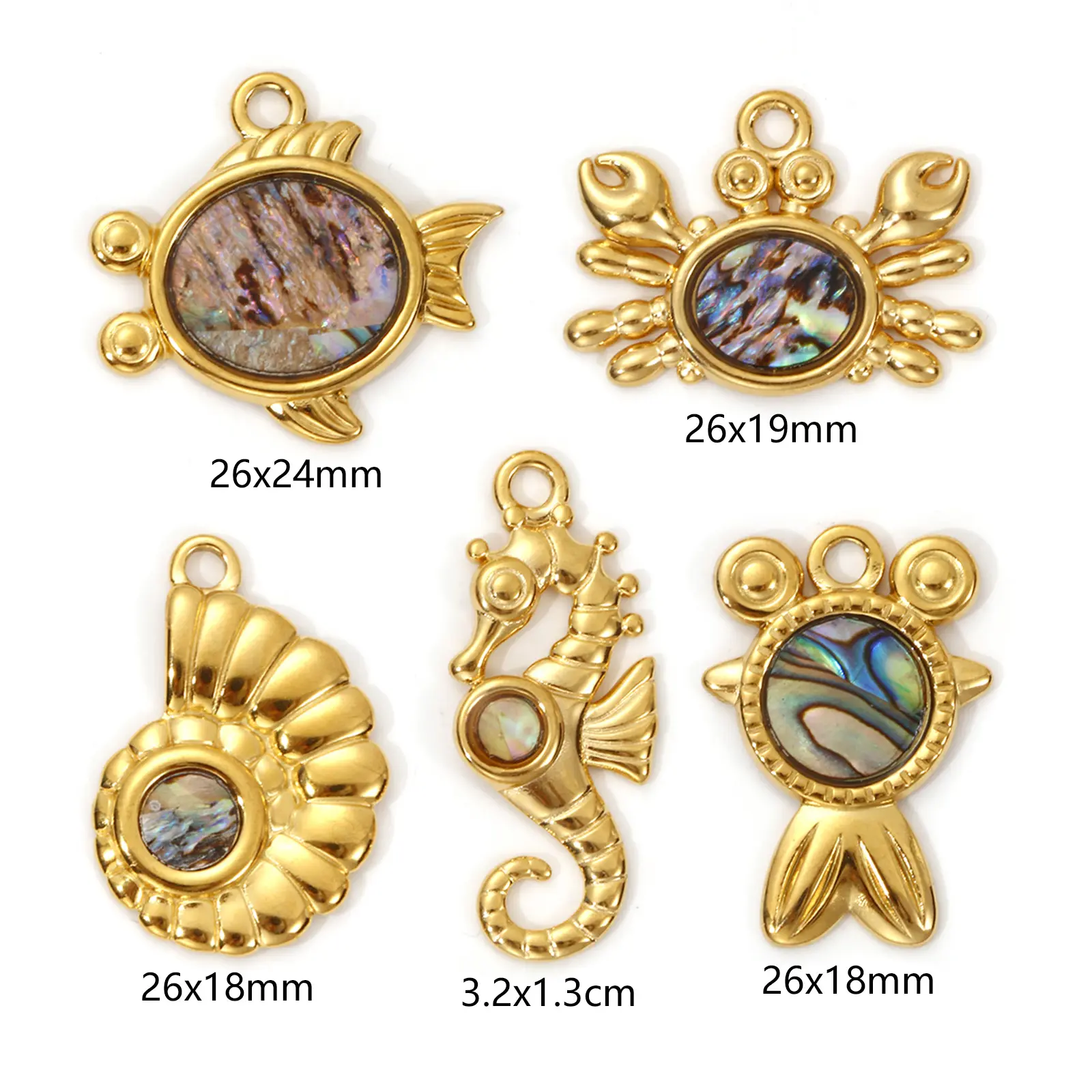 2 Pcs Ocean Jewelry Charms 304 Stainless Steel & Natural Shell 18k Real Gold Plated Conch Crab Seahorse Goldfish Pendant DIY