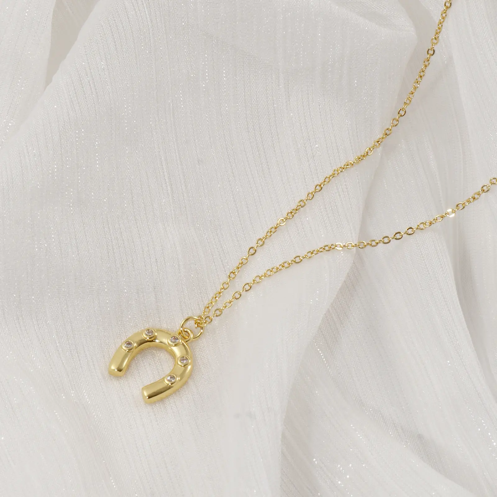 1Piece West Cowboy 18K Real Gold Plated Brass Link Cable Chain Luck Horseshoe Pendant Charm Necklace For Women Men Jewelry Gift