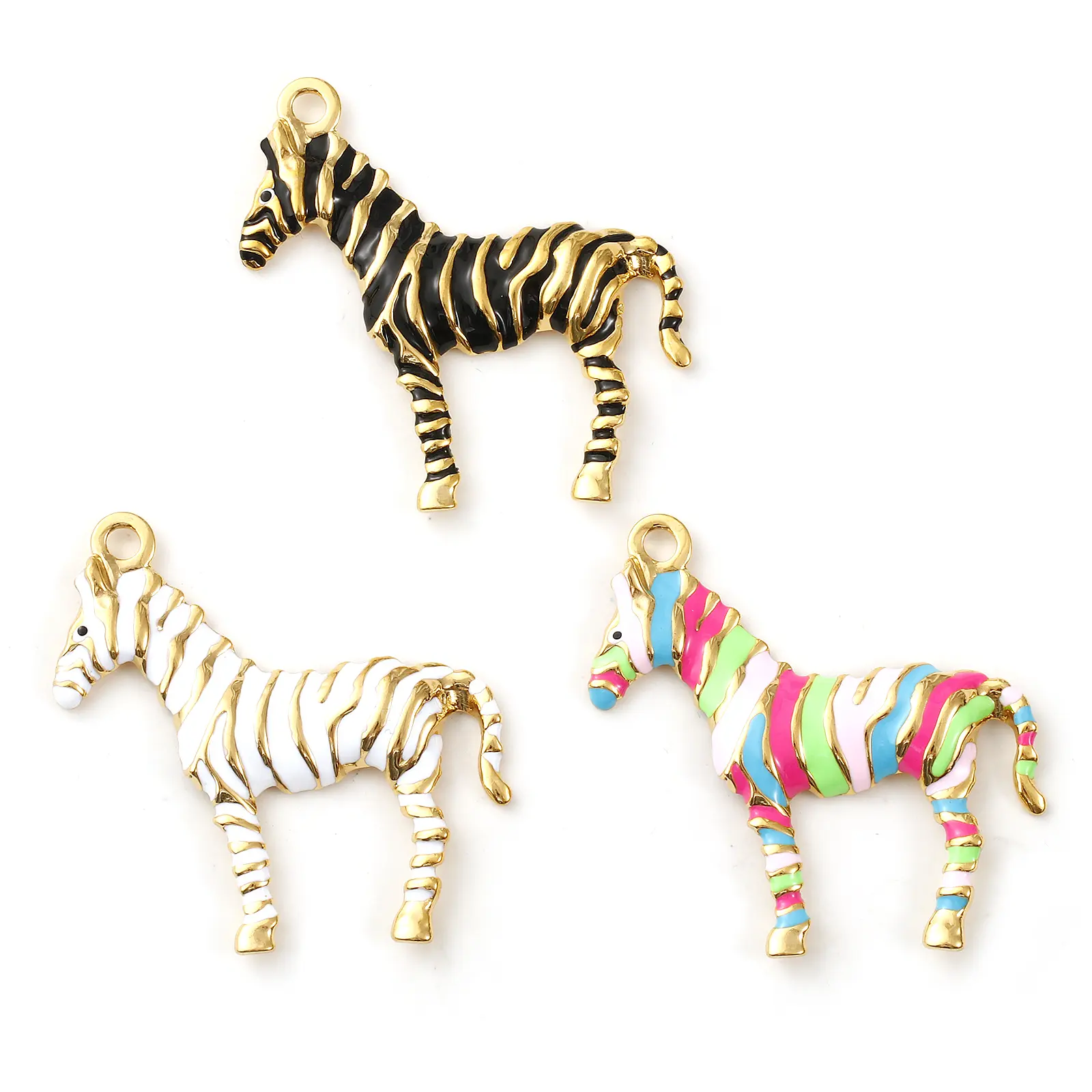 304 Stainless Steel Pendants 18K Gold Plated Enamel Horse Animal Stripe Charms For DIY Necklace Jewelry 4.3cm x 4.2cm, 1 Piece