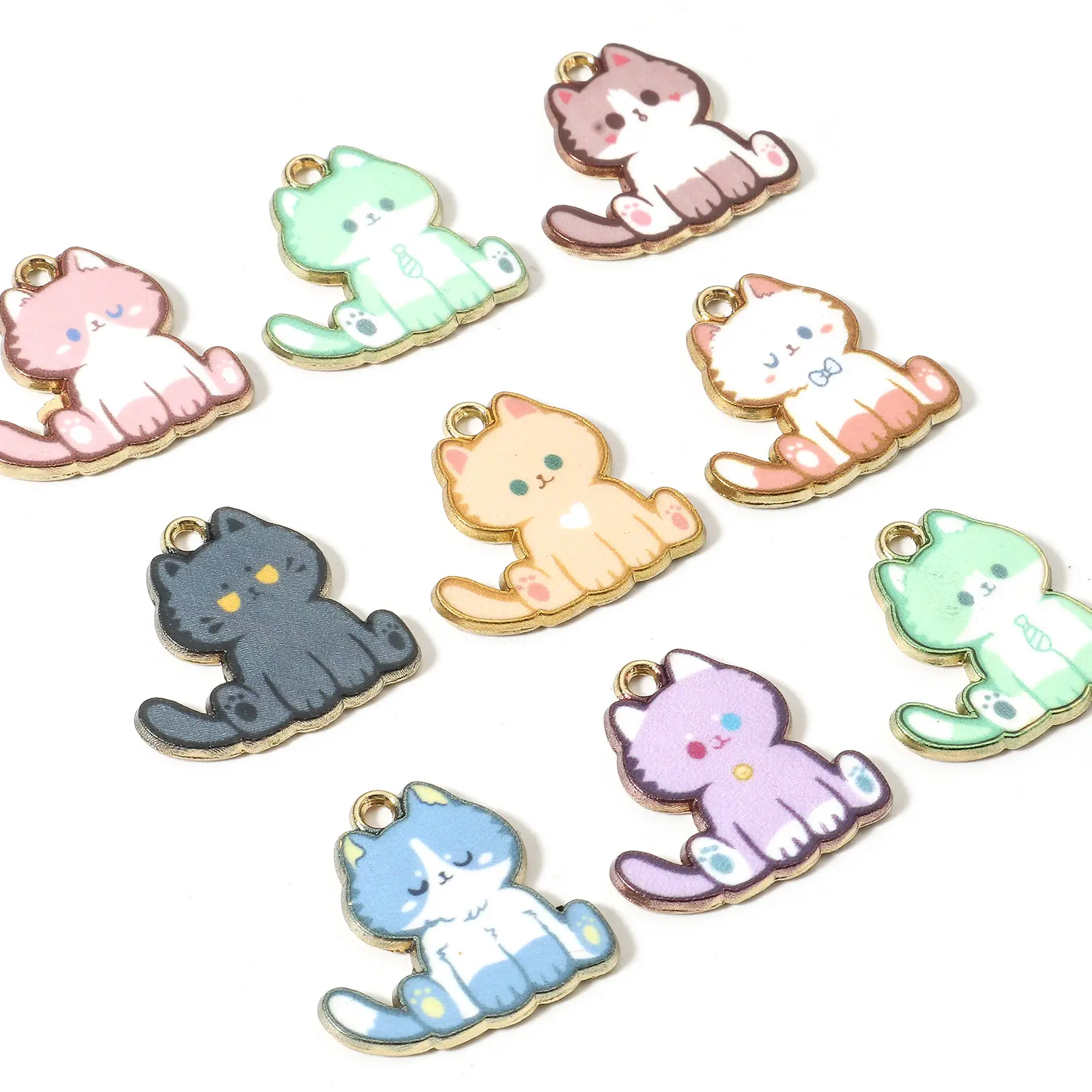 Cute Cartoon Cat Zinc Based Alloy Charms Cat Animal Enamel Gold Color Metal Pendants For DIY Making Jewelry 20mm x 20mm, 10 PCs