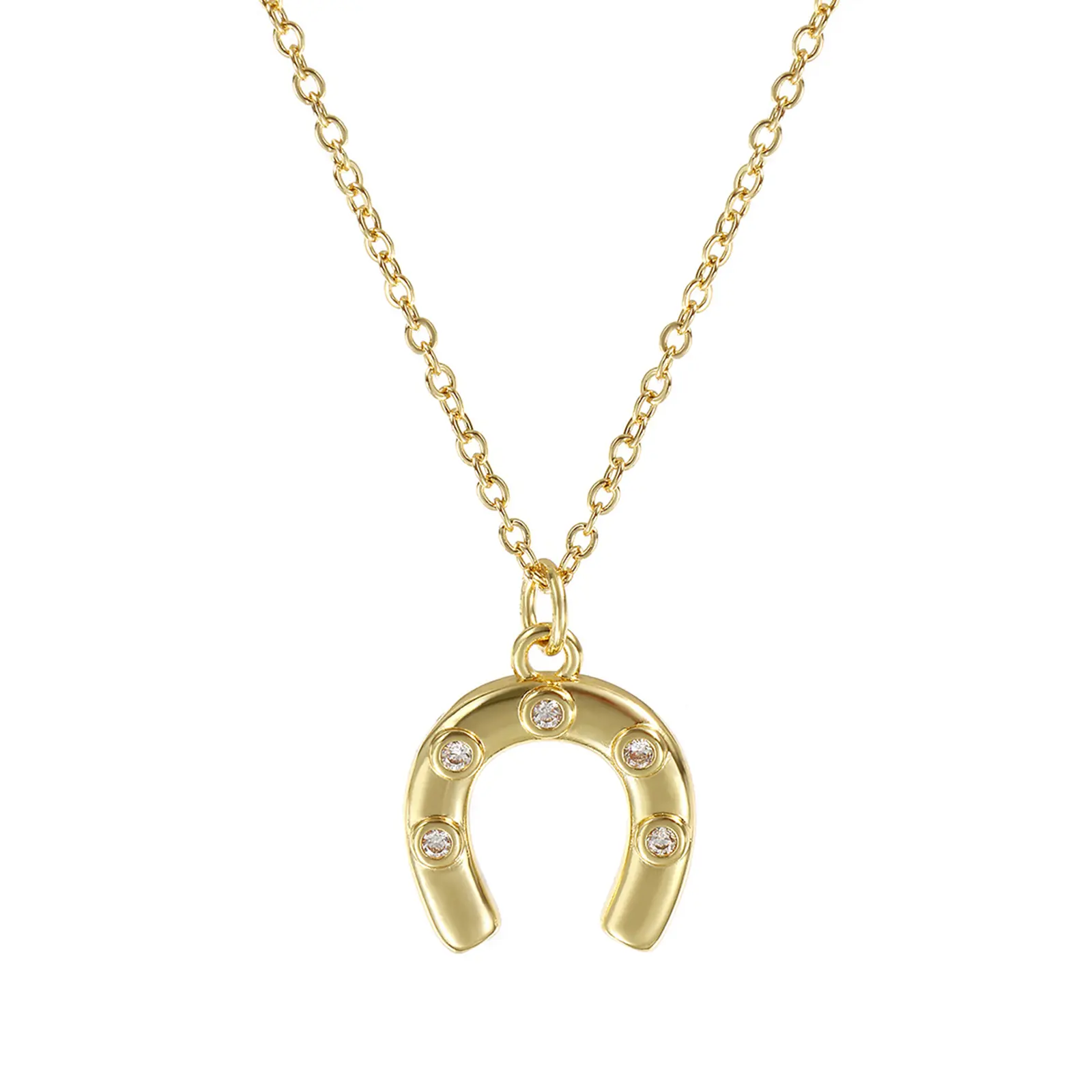 1Piece West Cowboy 18K Real Gold Plated Brass Link Cable Chain Luck Horseshoe Pendant Charm Necklace For Women Men Jewelry Gift