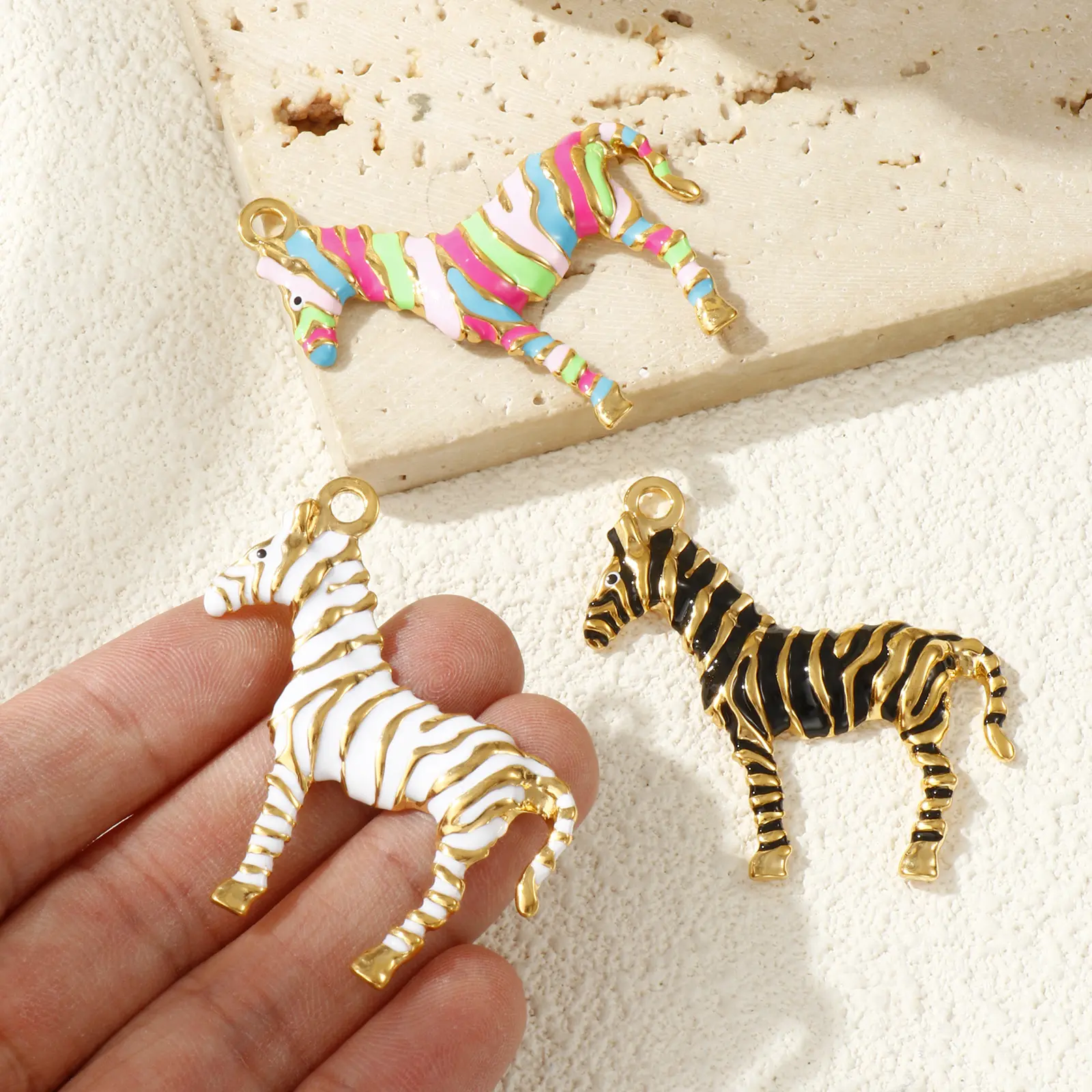 304 Stainless Steel Pendants 18K Gold Plated Enamel Horse Animal Stripe Charms For DIY Necklace Jewelry 4.3cm x 4.2cm, 1 Piece