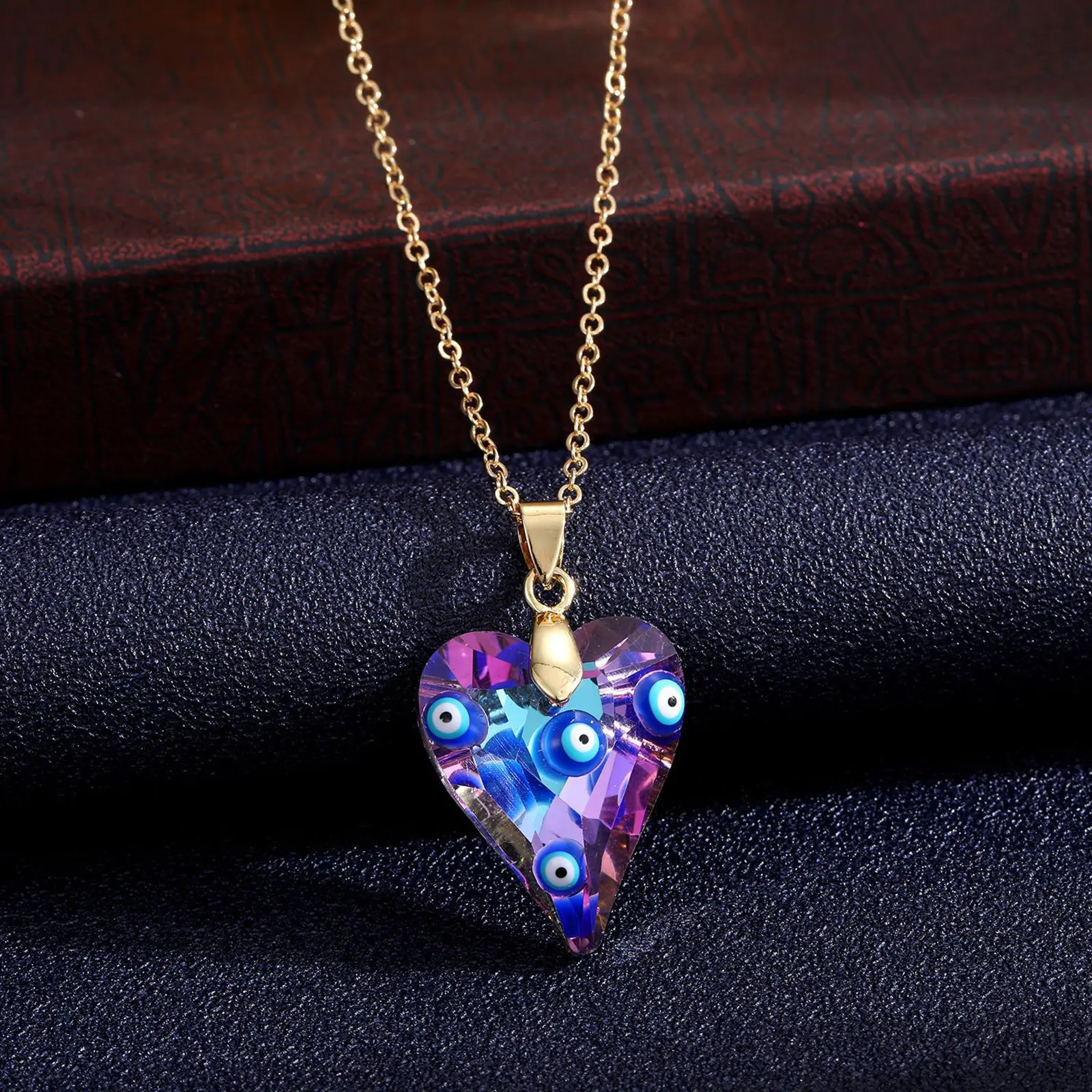 Lampwork Glass Religious Pendant Necklace Gold Color Blue Heart Water Drop Evil Eye Turkish Necklace For Women Jewelry 50cm long