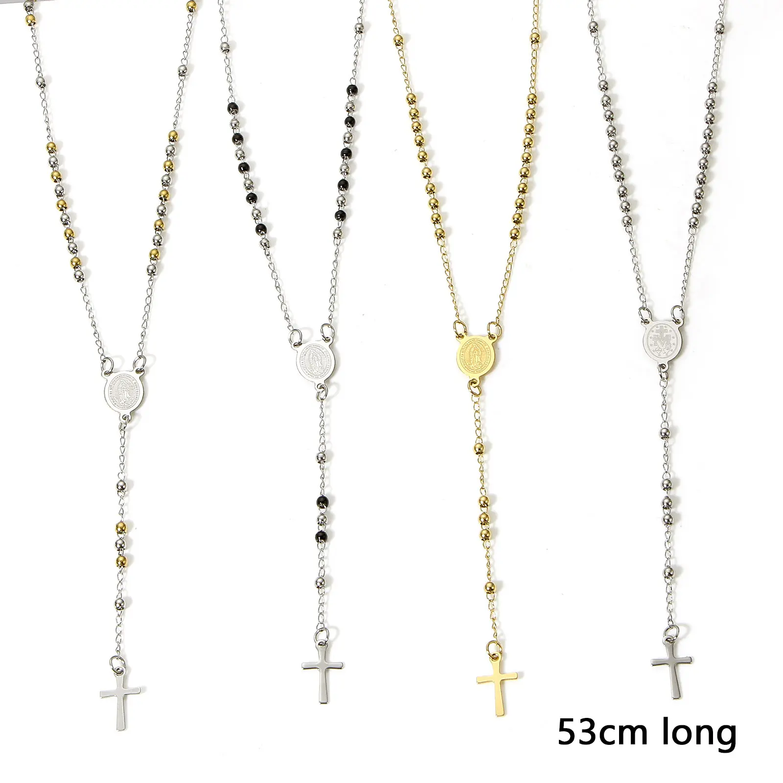 1Piece 304 Stainless Steel Religious Handmade Link Chain Necklace Cross Virgin Mary Charms Necklace For Women Men Gift 53cm Long
