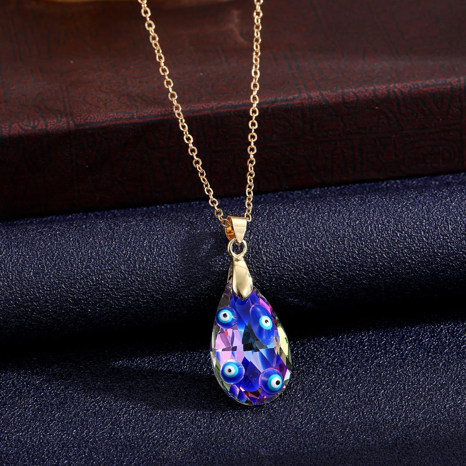 Lampwork Glass Religious Pendant Necklace Gold Color Blue Heart Water Drop Evil Eye Turkish Necklace For Women Jewelry 50cm long