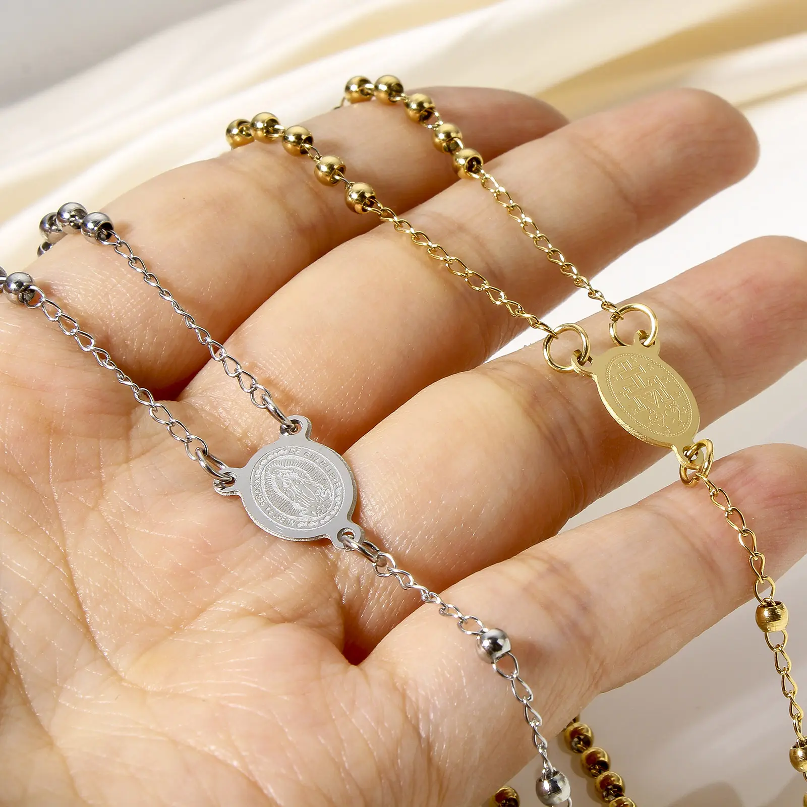 1Piece 304 Stainless Steel Religious Handmade Link Chain Necklace Cross Virgin Mary Charms Necklace For Women Men Gift 53cm Long